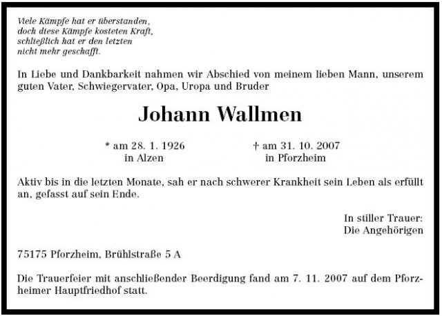 Wallmen Johann 1926-2007 Todeanzeige